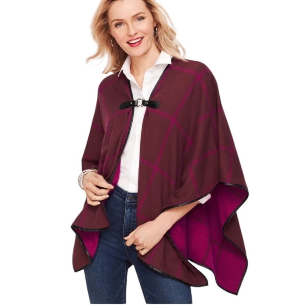 Talbots Ruana Pink Purple Plaid Poncho Shawl Buckle Oversized Sweater M L